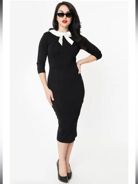Unique Vintage Abbi Wiggle Dress Black White Peter Pan Collar Bow Women’s Size S